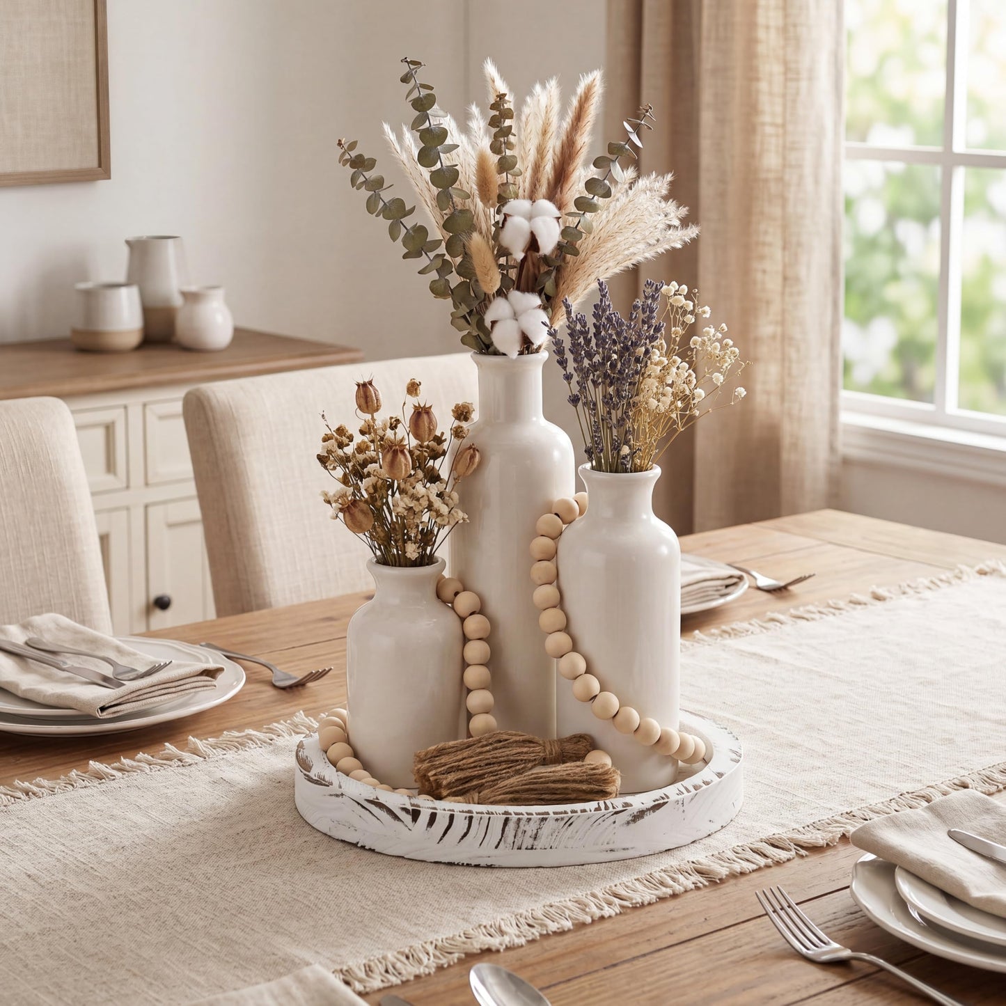 Tiangrid 5 Pcs Rustic Country Tabletop Centerpieces Decor Set of 3 Boho Ceramic Vases with Wooden Serving Tray Wood Bead Garland Tassels Table Holder for Home Decorations(White)
