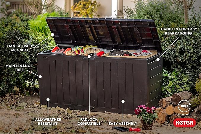 Keter Marvel Plus 71 Gallon Resin Outdoor Storage Box for Patio, Balcony & Garden – Weather‑Resistant Deck Box for Cushions, Pillows, Pool Floats & Tools, Brown
