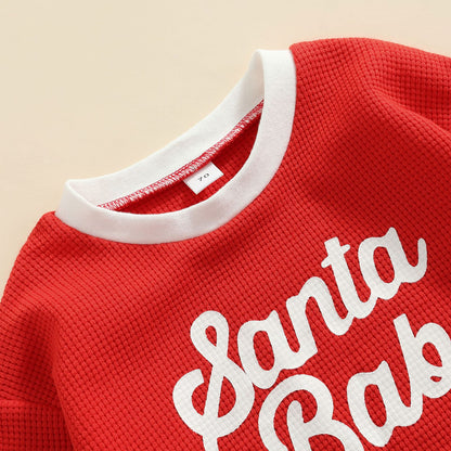 Baby Girl Boy Christmas Sweater Outfit Santa Baby Crewneck Sweatshirt Romper Long Sleeve Oversized Waffle Knit Onesie Pullover Top (A Waffle Knitted Santa Red,0-6 Months)