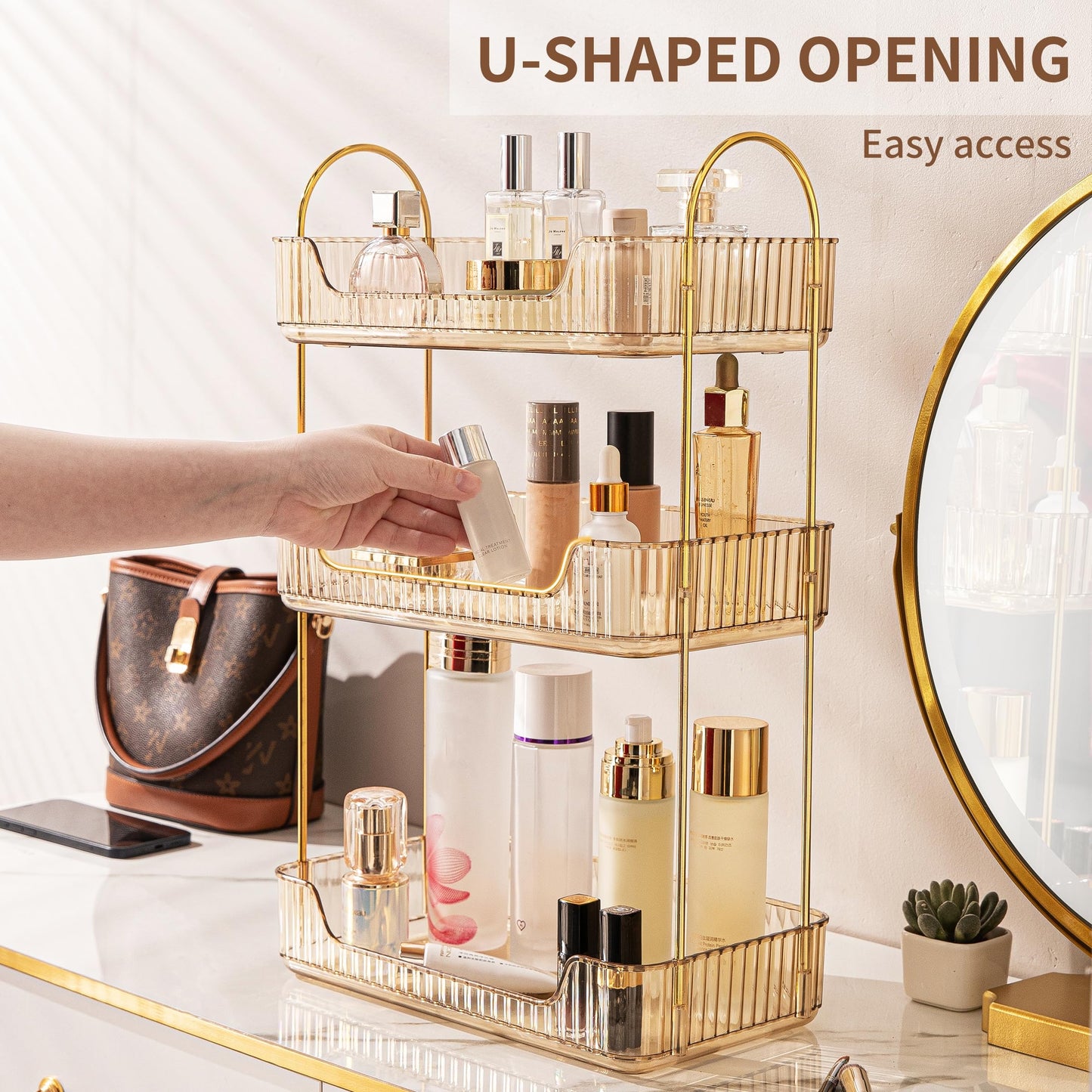 Bathroom Organiser Countertop, Vanity Trays for Bathroom, Skincare Makeup Organiser Shelf, Vanity Organiser, Bathroom Counter Shelf for Cosmetics, Toiletries, Lotions, Perfumes (3 Tiers, Amber)