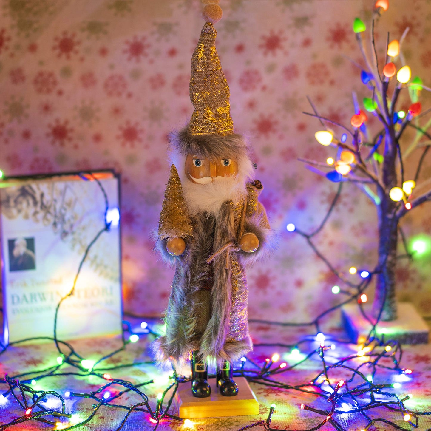FUNPENY 14" Christmas Decorative Nutcracker, Handmade Wooden Santa Traditional Nutcracker in Flannel Ful Golden Coat, Festive Collectible Nutcracker, Winter Tabletop Christmas Decoration