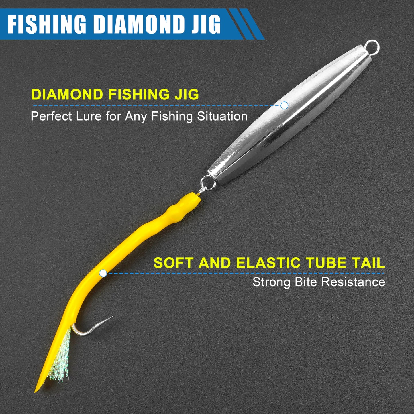 Diamond Jig Saltwater Fishing Lures Casting Jigging Spoon with Tube Tail Stainless Steel Hooks Trolling Lures Striped Bass Metal Jig for Deep Sea Surf Fishing Bottom Dragging Sinking