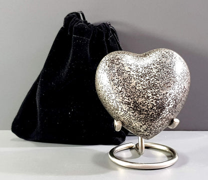 eSplanade Brass Mini Cremation Urn Heart-Shaped Keepsake Memorial Jar Pot Container | Small Urn for Funeral Ashes Burial | Textured Metal Keepsake with Stand | Silver - 2.75" Inches