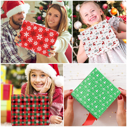 MotiGiftie Christmas Wrapping Paper for Kids Adults - Xmas Wrapping Paper with Red/Green Plaid, Reindeer, Snowflakes, “Ho Ho” Xmas Trees - 20 x 28 Inches, 8 Folded Sheets, Easy to Store