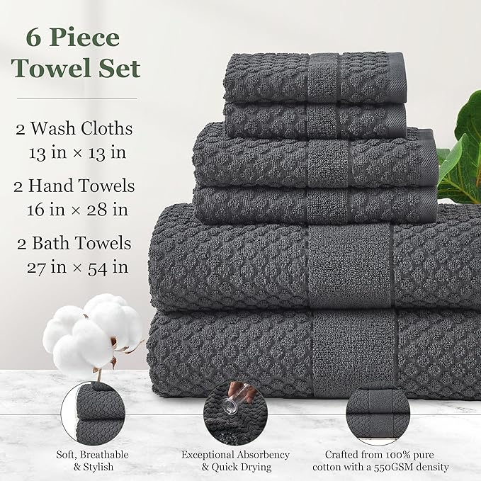 Simple&Opulence 6 Piece Luxury Towel Set, 100% Cotton Bathroom Towels