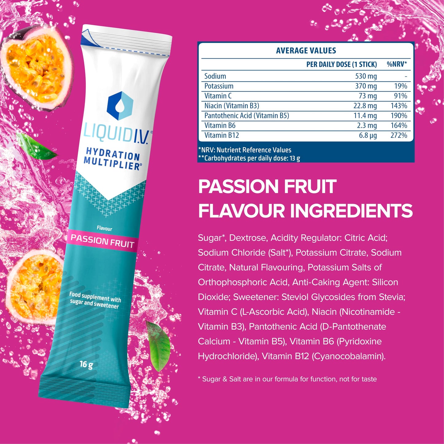 Liquid I.V. Hydration Sachets | Passion Fruit | Electrolyte Powder Mix | 1 Pack (16 Sticks) | 7 Vitamins and Minerals | Vegan