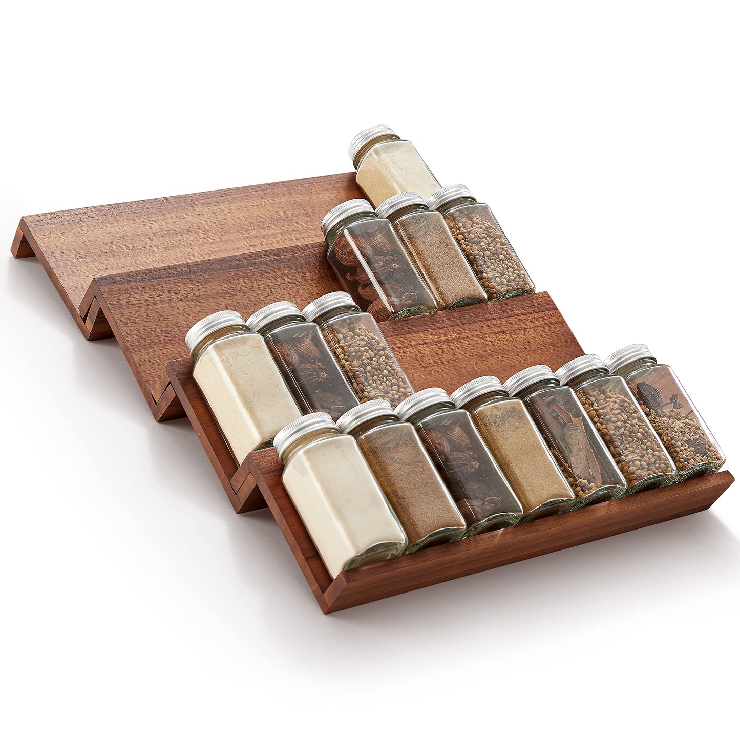 Tinamo Wood Spice Drawer Organizer - Acacia Wooden Tray Spice Racks Organizer for Cabinet Storage Shelf - 4 Tier Spice Rack for Drawer 32 Jars (Pack 4)