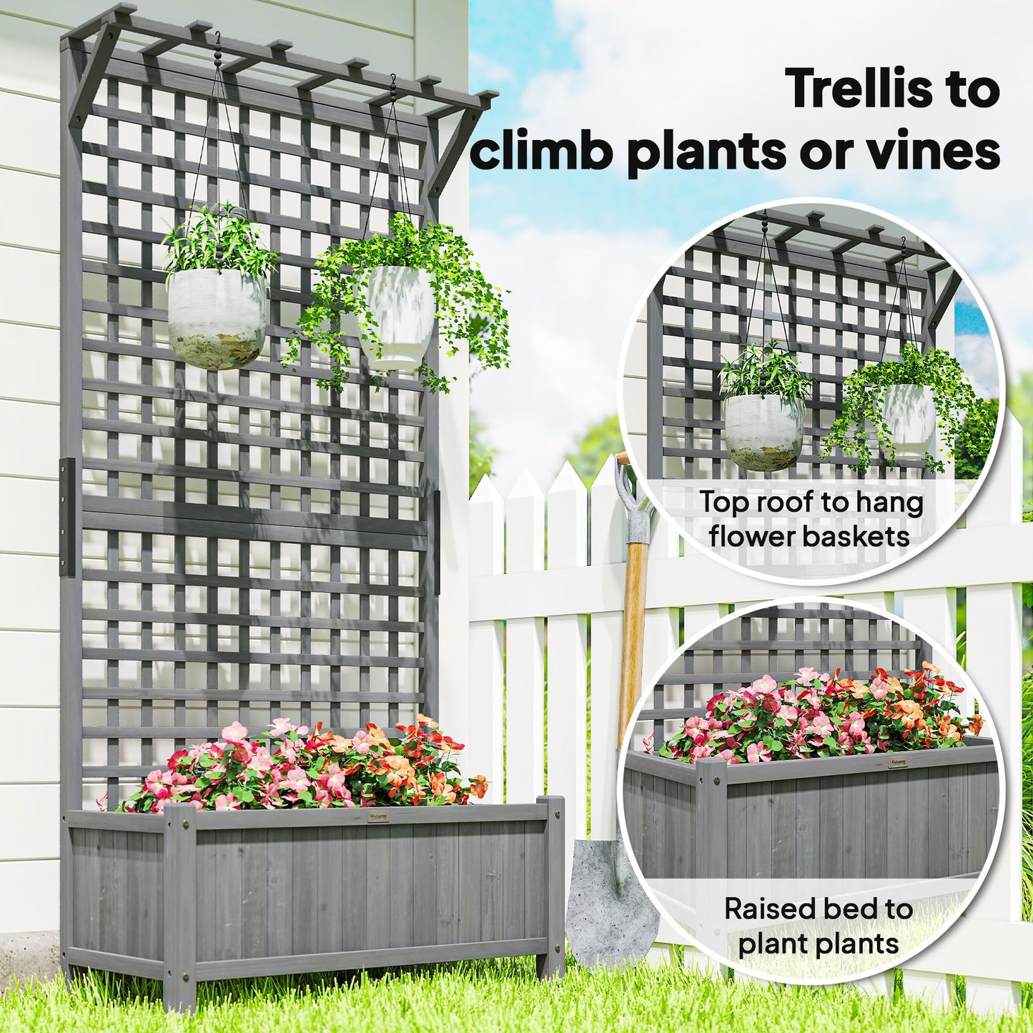 Outsunny Wood Planter with Trellis, Raised Garden Bed for Climbing Plants w/Drainage Holes and Roof, 35.5" x 17.75" x 72", Dark Gray