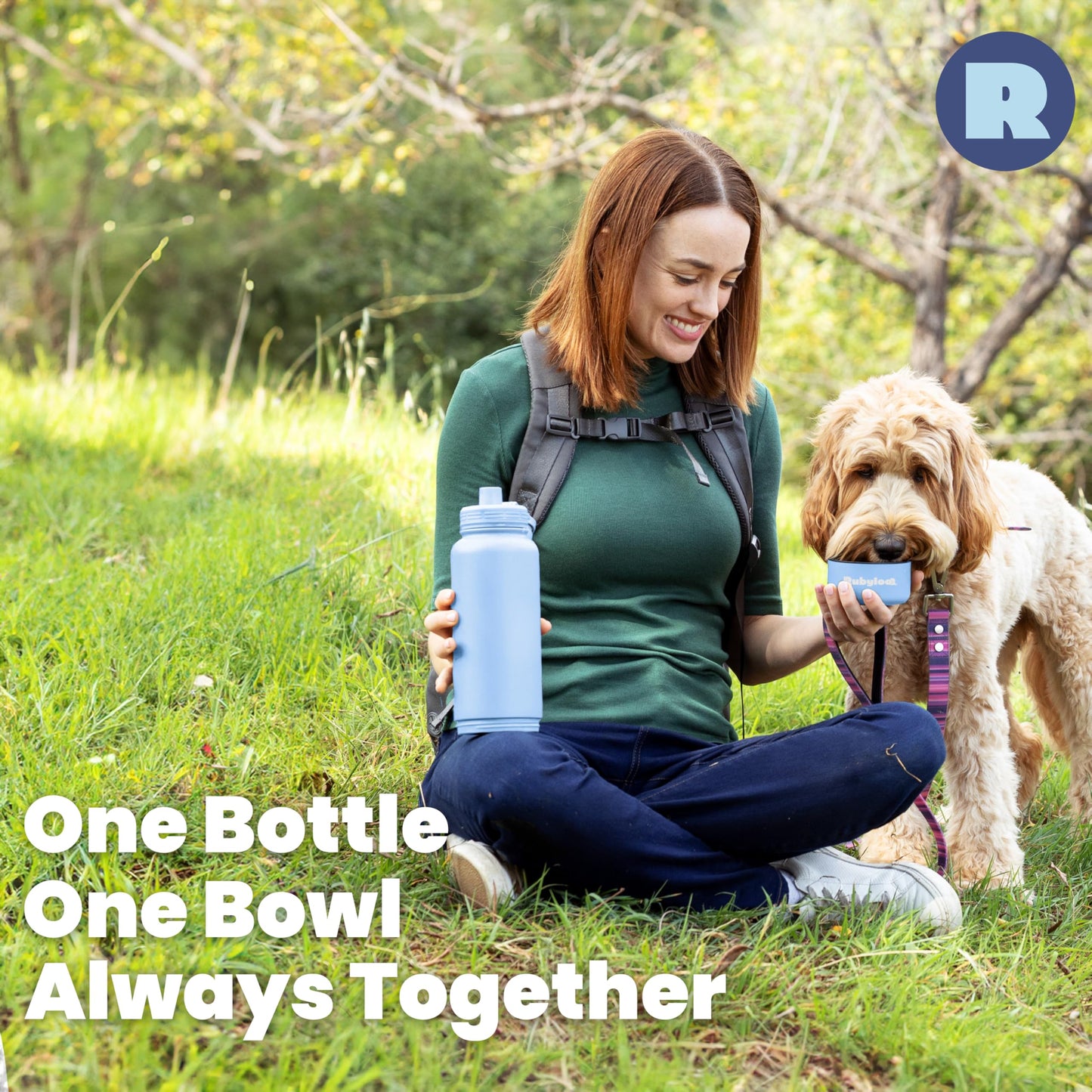 Dog Water Bottle for Dog Lovers - 32 oz Stainless Steel Double Wall Insulated Water Bottle with 8 oz Detachable Bowl on Bottom for Doggy Lovers for Christmas - Dusty Blue