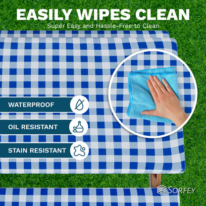 Sorfey Picnic Table Cover with Bench Covers -Fitted with Elastic, Vinyl with Flannel Back, Fits for Table 28"x 72" Rectangle,Water Proof, Checked Red Design