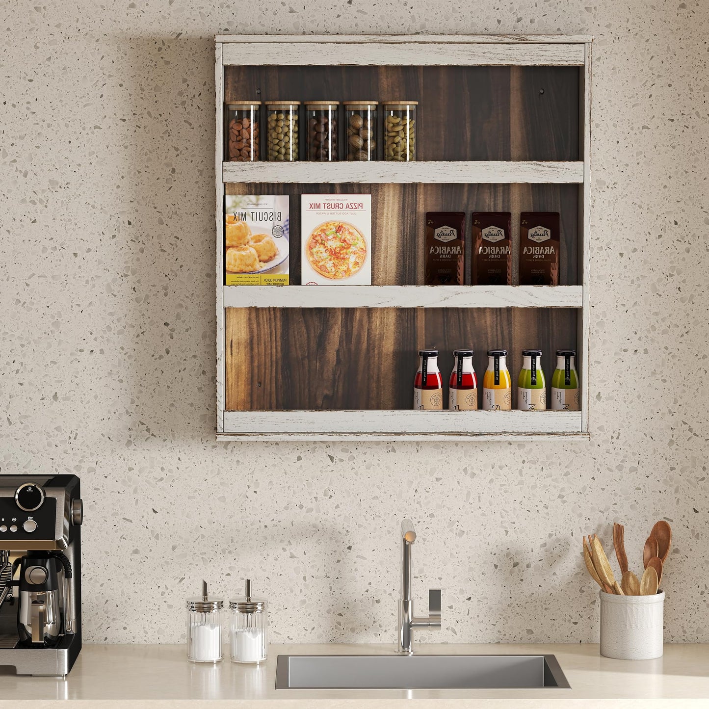 Nisorpa 3 Tier Spice Rack Wall Mount, Rustic Burnt Wood Wall Hanging Spice Rack Kitchen Spice Shelf Organizer for Seasoning Jars or Condiment Bottles, 19.68 x 3.35 x 21.25 Inches