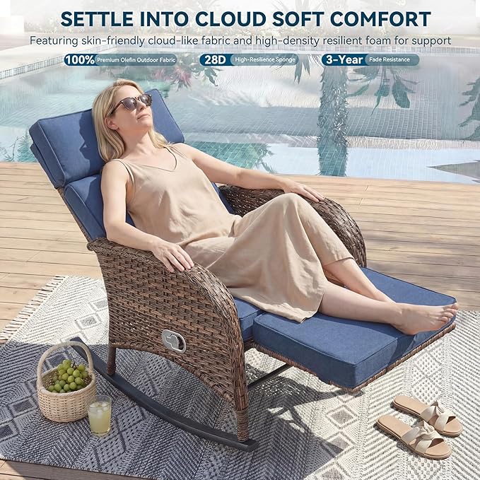 3 Pieces Zero Gravity Wicker Patio Rocking Recliner Chairs Set of 2 - Wicker Outdoor Lounge Chair with Side Table, Adjustable Backrest & Footrest, High Back Outdoor Recliner Chair for Pool Deck Blue