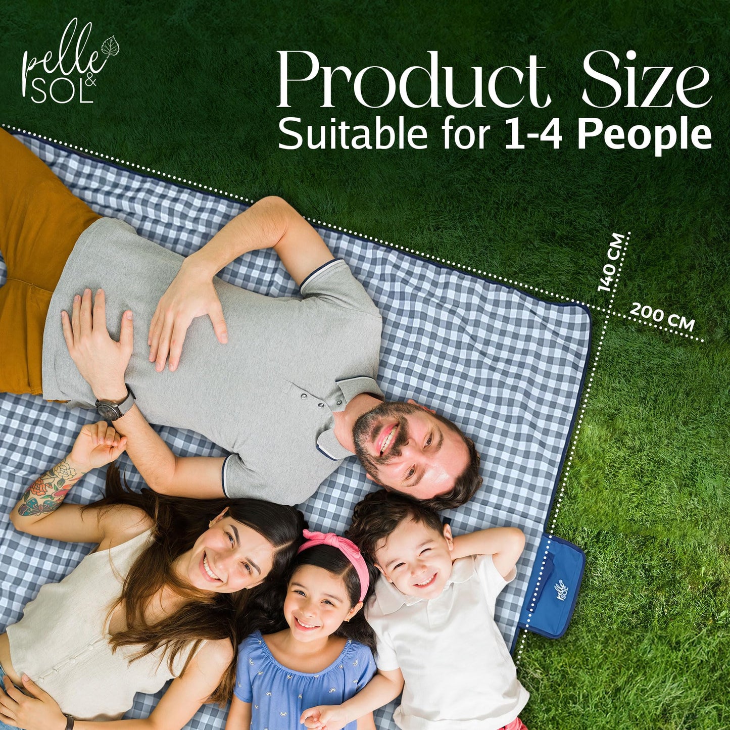 Pelle & Sol Picnic Blanket Waterproof, 200x140CM Foldable Picnic Mat - Outdoor Beach Blanket - Slip Resistant w/Carrying Handle - Sandproof & Washable Beach Mat for Garden, Hiking, Camping