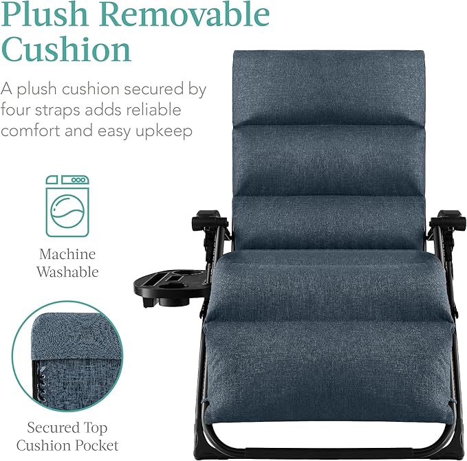 Best Choice Products Oversized Zero Gravity Chair, Folding Outdoor Patio Recliner, XL Anti Gravity Lounger w/Removable Cushion, Cup Holder, Side Tray, 350lb Capacity - Graphite Blue