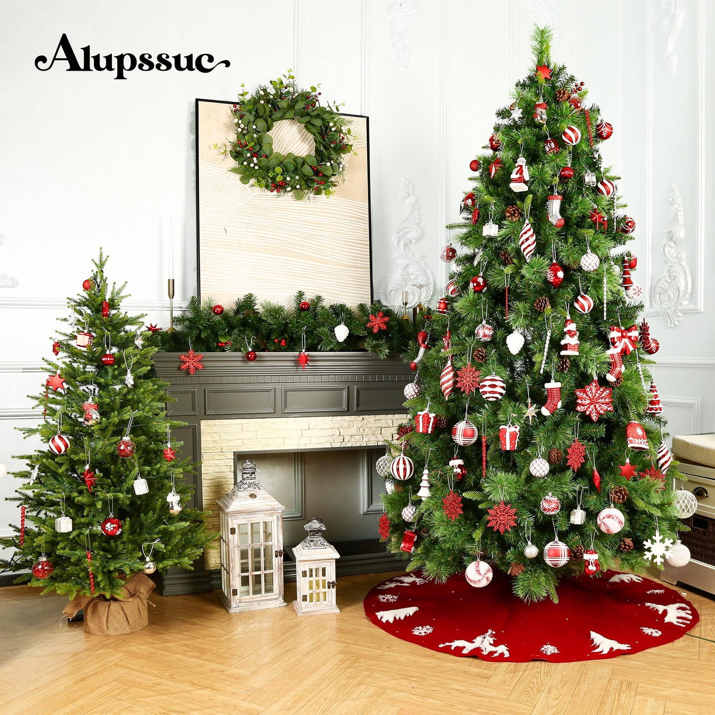 Alupssuc 112pcs Christmas Balls Ornaments Set, Shatterproof Plastic Baubles Christmas Penguin, Polar Bear for Xmas Tree Holiday Wedding Party Decorations with Hanging Strings, Red, Silver and White