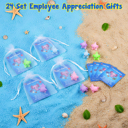 Soulchen 24 Set Employee Appreciation Gift Bulk for Coworker Axolotl Squeeze Gifts for Stress Relief Motivational Inspirational Note Card, Organza Bag Staff Valentine's Day Thank You Gift