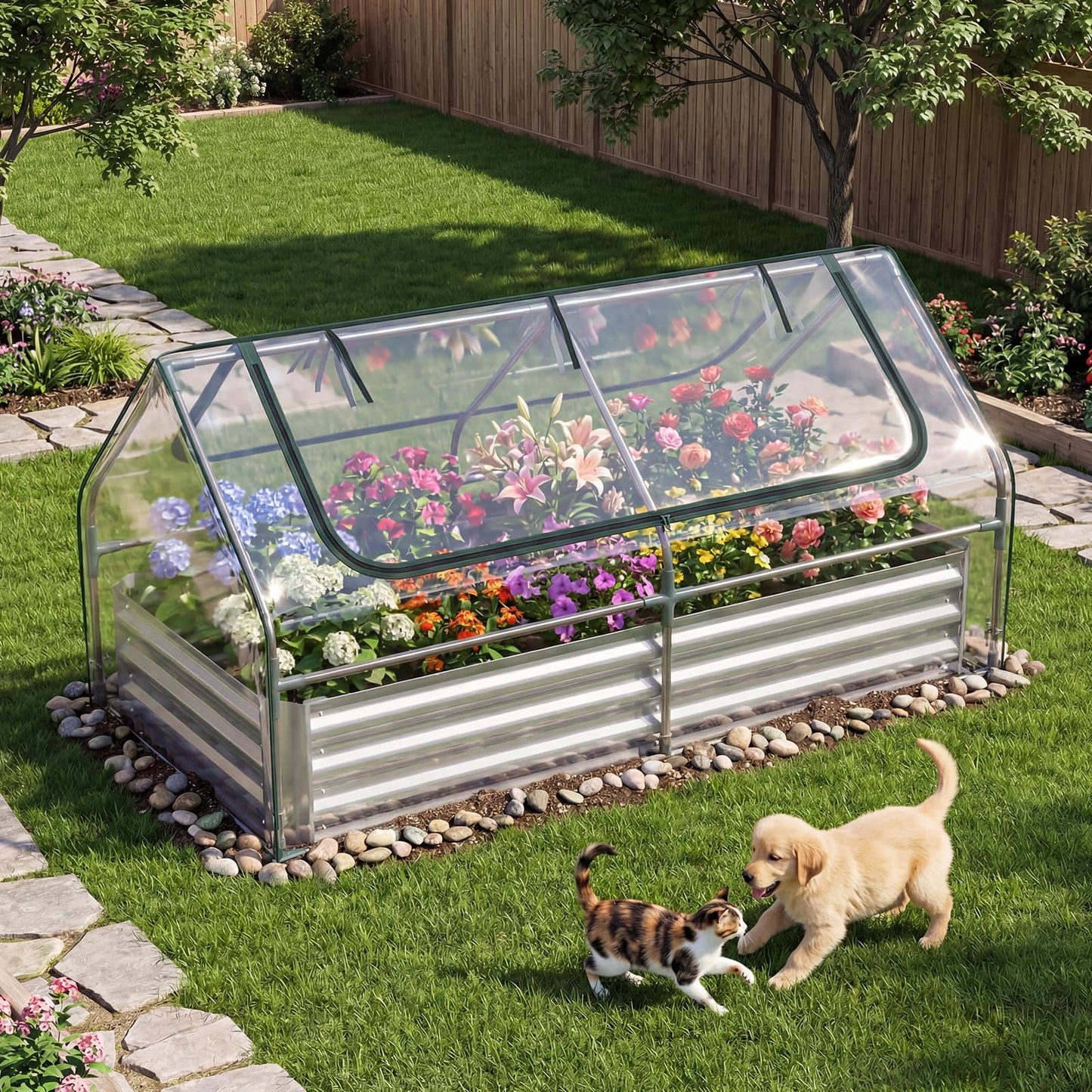 Happygrill Raised Garden Bed with Cover, Galvanized Planter Boxes Outdoor w/Mini Greenhouse, 2 Roll-up Windows & Open-Ended Base, Metal Growing Raised Bed for Vegetables (Silver, 72” x 36” x 37”)
