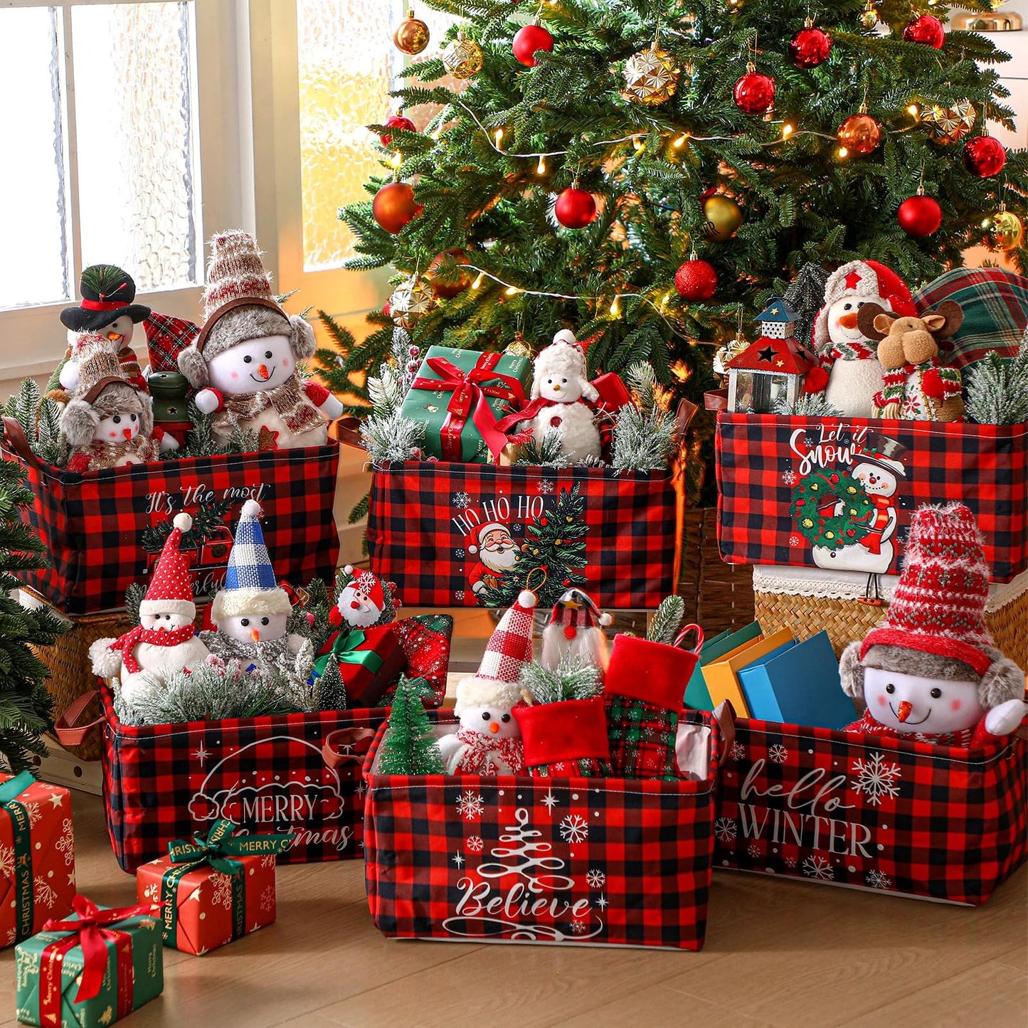 CHENGU 6 Pack Christmas Storage Basket Collapsible Christmas Basket for Gifts Buffalo Plaid Holiday Decor Large Snowman Bin Foldable Xmas Tree Box with Handle for Bedroom Office Home