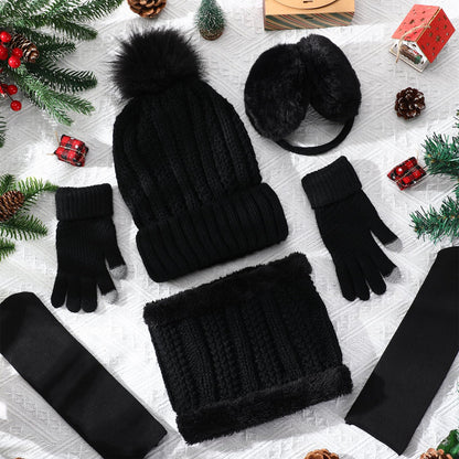 SATINIOR 5 Pcs Winter Satin Lined Hat Scarf Gloves Set Knit Pompom Beanie Warm Touchscreen Glove Earmuff Ear Warmer for Women(Black,Stylish Style)