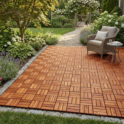 Tranquillo Interlocking Deck Tiles 12”x12”, Acacia Wood Patio Tiles, Waterproof Flooring Tiles for Indoor and Outdoor – Non-Slip, Easy Installation (Natural - Crossed Pattern, 30 Pcs - 30 Square Ft)