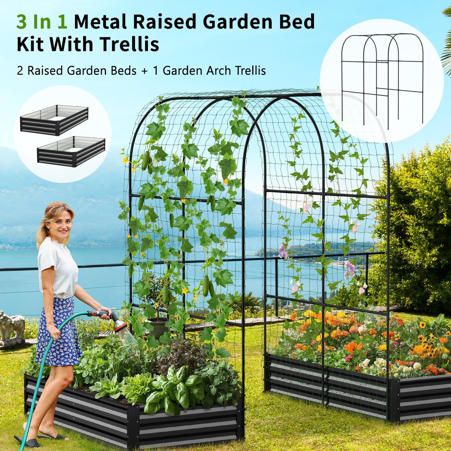 DoCred Galvanized Raised Garden Bed with 87" H Arch Trellis for Climbing Plants, Raised Outdoor Planter Garden Box with Climbing Netting for Gardening, Climbing Vegetables, Flower, Black