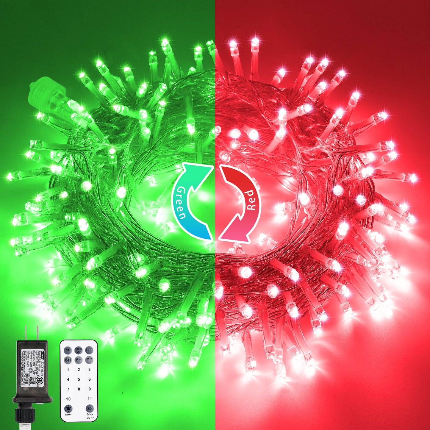 JMEXSUSS 200 LED String Lights Outdoor for Christmas Decor, Red & Green Christmas Lights Clear Wire, 11 Modes Connectable Twinkle String Light Plug in for Garden Home Xmas Decorations