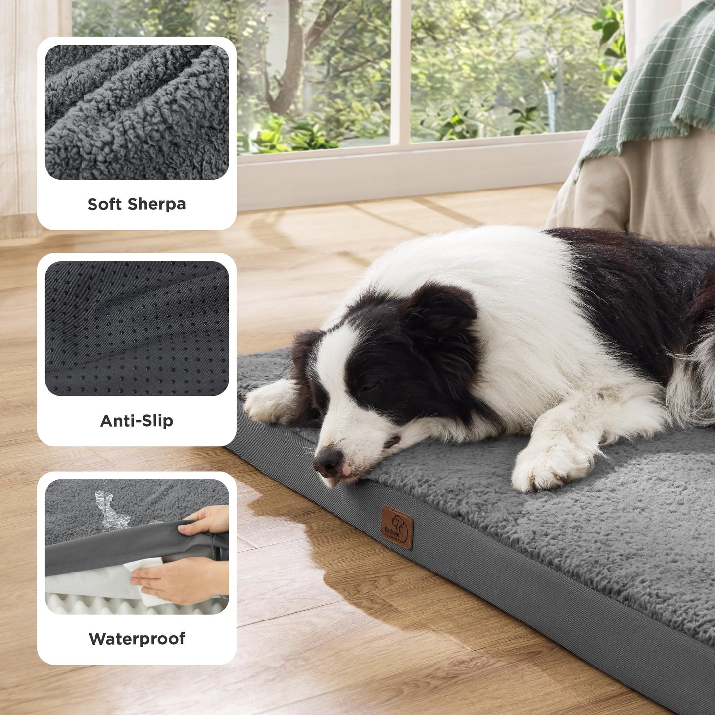 Bedsure Large Dog Bed Washable - Orthopedic Dog Bed and Mattress Mat for Dog Crate with Removable Plush Sherpa Cover, Gifts for Dog, Grey, 91x69x7.6cm