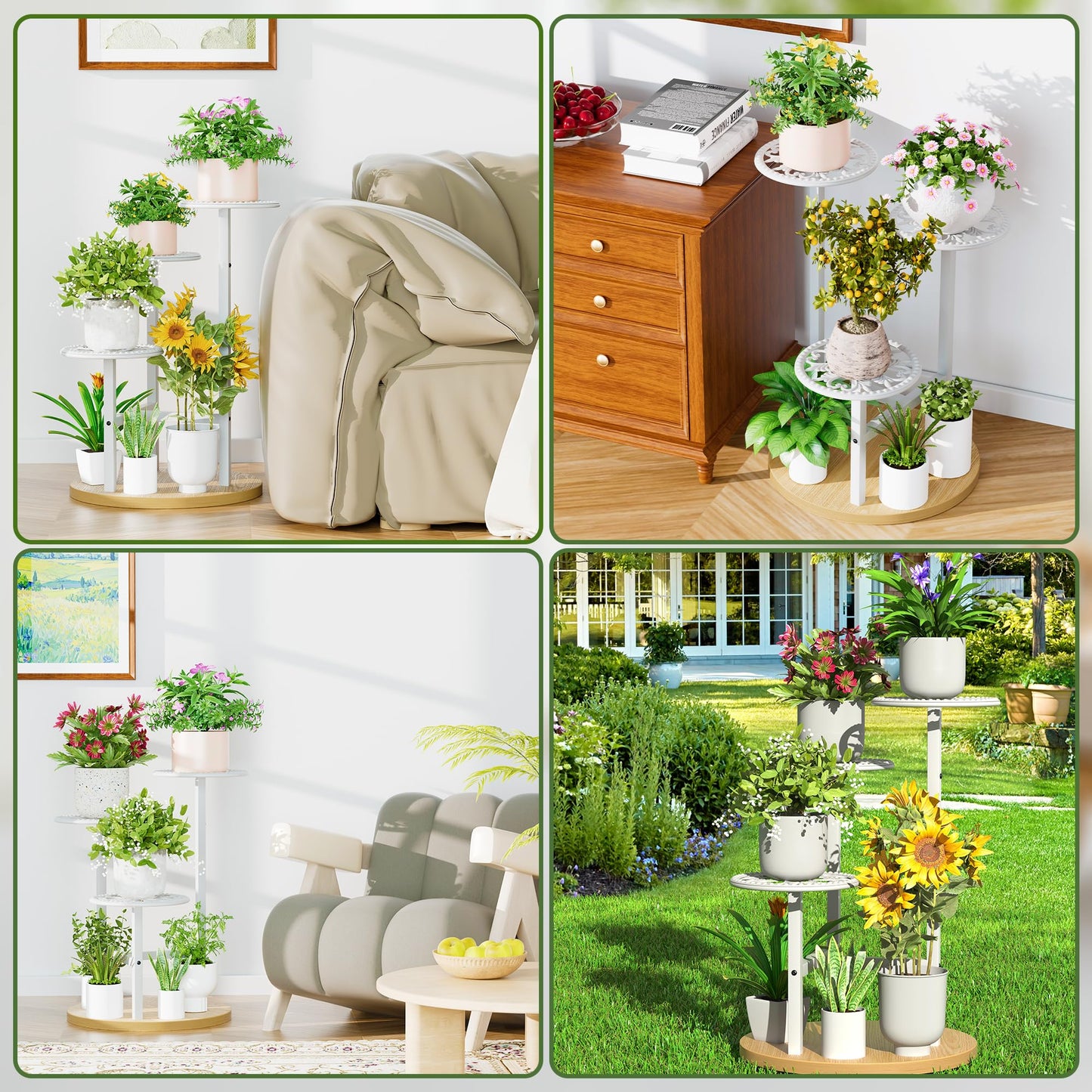 NQW 3 Tier Plant Stand Indoor Outdoor, Tall Metal Wood Shelf Corner Flower Pot Tiered Flower Pot Stands for Patio Garden Balcony Living Room Bedroom