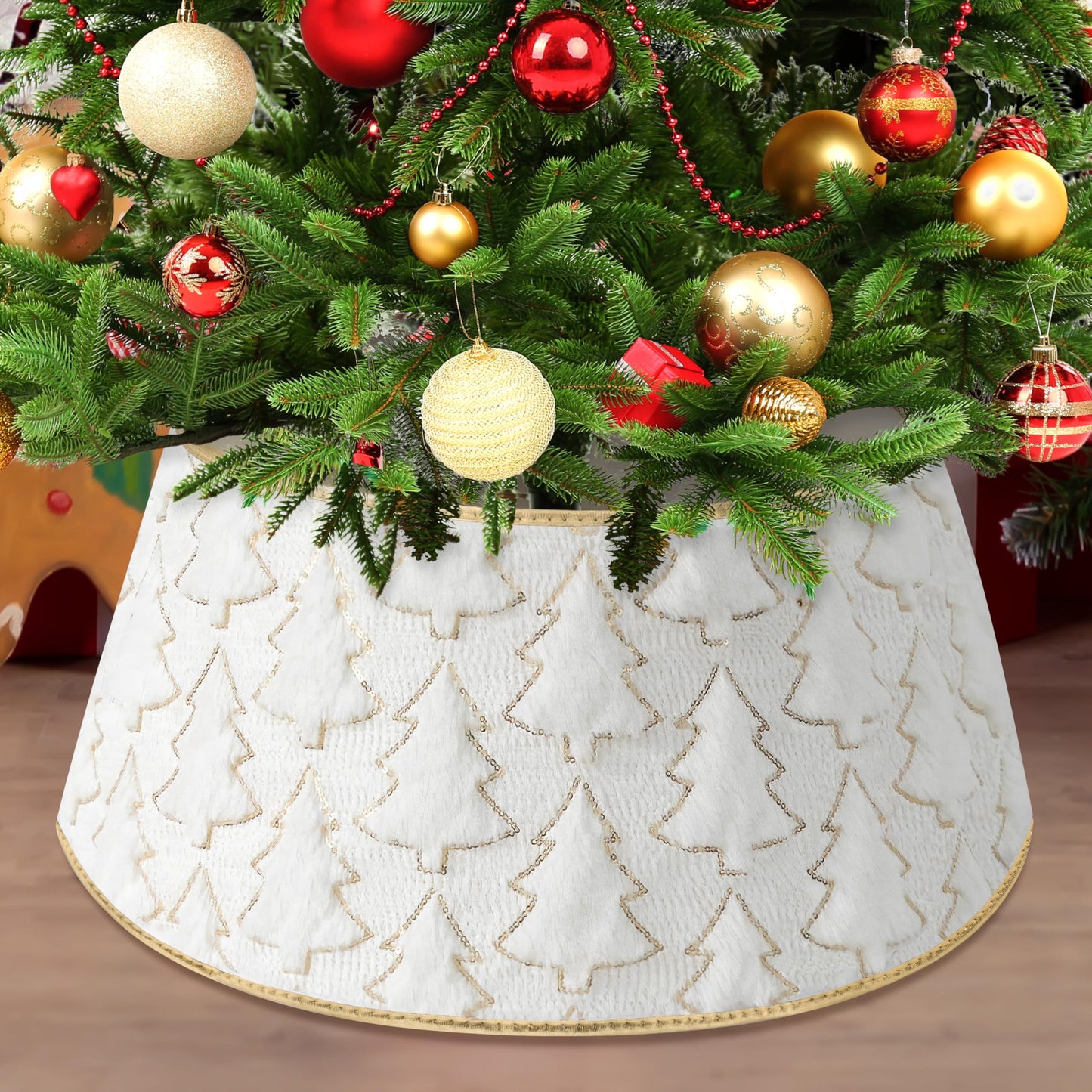 Faux Plush Christmas Tree Collar,Rustic Farmhouse Tree Skirt Ring with Xmas Tree Textured Pattern for Holiday Christmas Indoor Home Decor（White）
