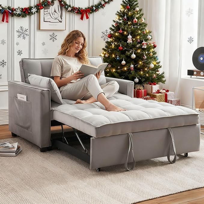 3-in-1 Loveseat Sleeper Sofa, Modern 55.5" Pull Out Couch, Velvet Upholstered