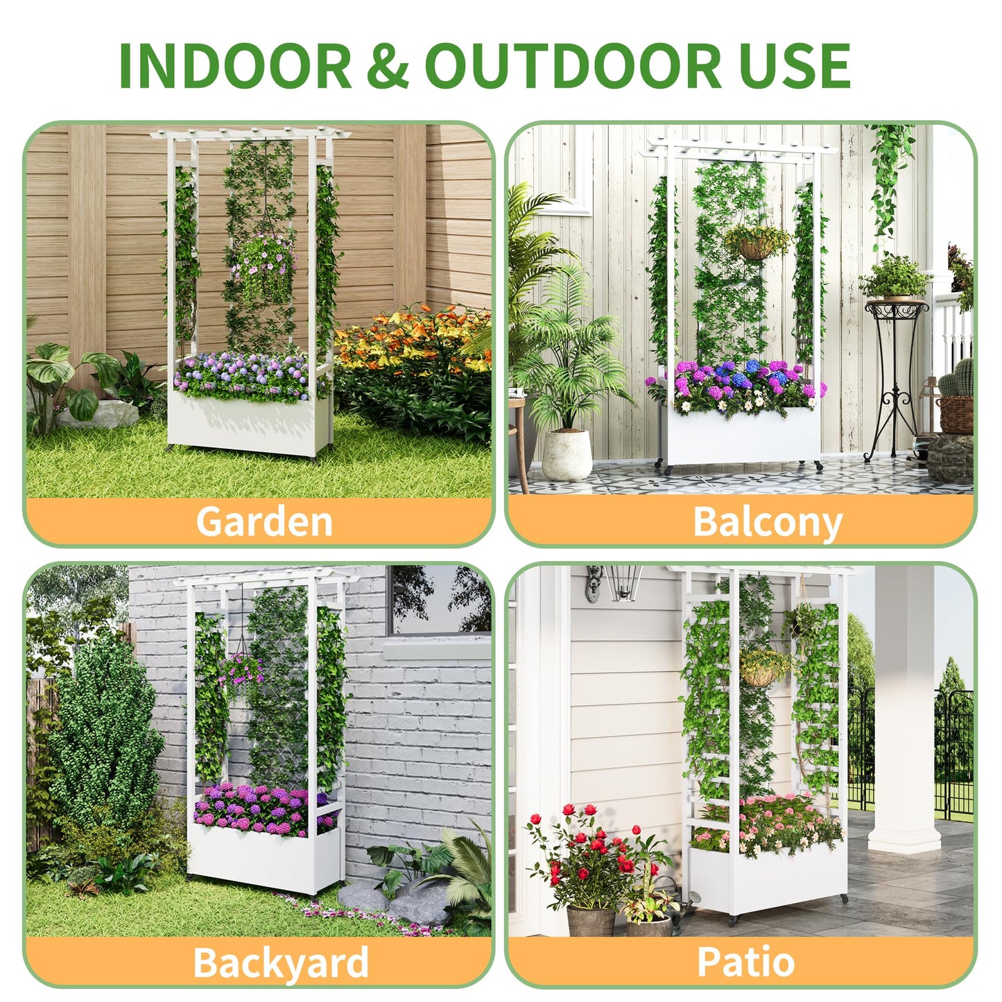 Sunnibety Raised Garden Bed with Trellis & Hanging Roof, Weatherproof Metal Planter Box with Wheels, Garden Arch Trellis for Outdoor Climbing Plants Vines Flowers, 74" H x 44" L x 17" W, White
