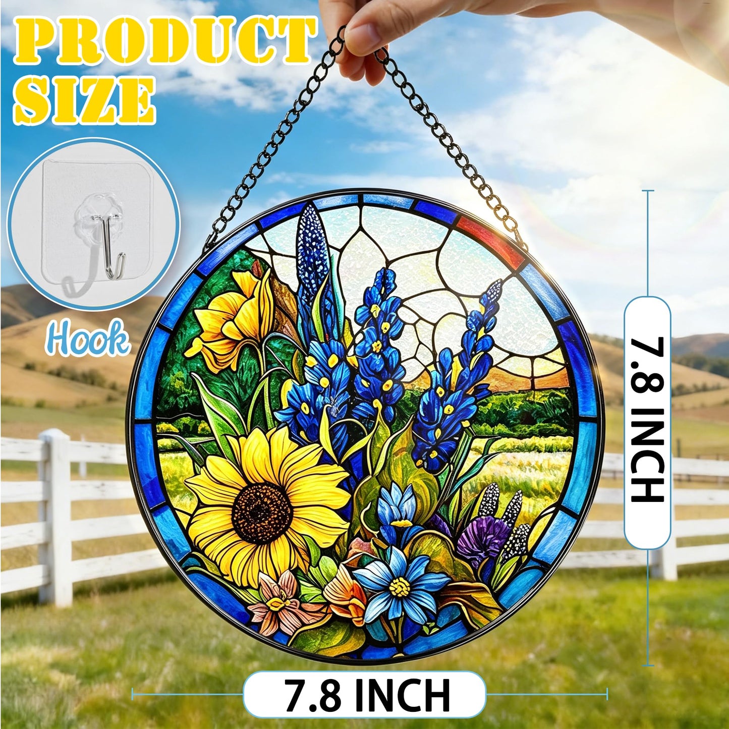 Stained Glass Window Hanging, 7.8 Inch Texas Bluebonnet Flowers and Sunflowers Stained Glass Suncatcher for Window, Door, Home Decor, Sun Catchers for Indoor Windows, Gifts for Women, Mom, Grandma
