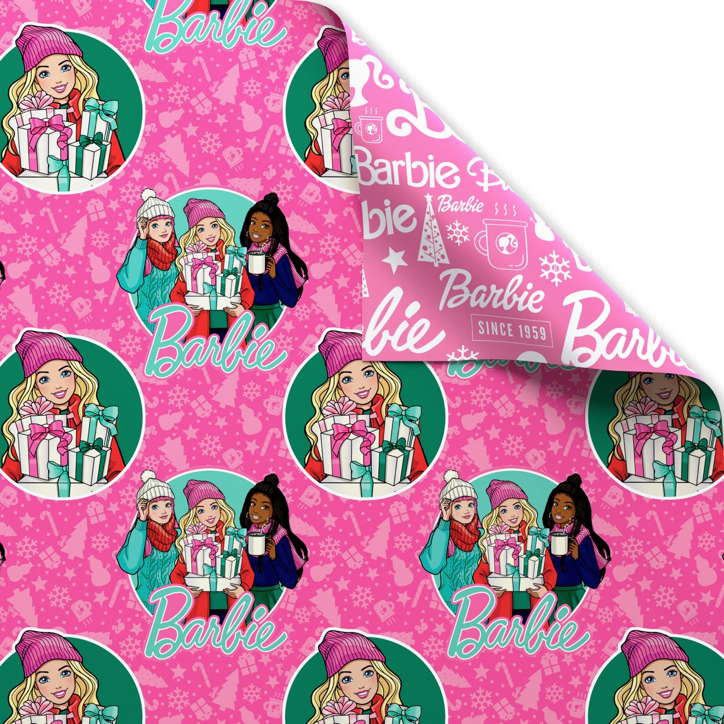 American Greetings Pink Christmas Wrapping Paper Roll for Kids, Barbie and Friends Holiday Gift Wrap (1 Reversible Roll, 75 sq. ft.) Barbie, Daisy, Brooklyn