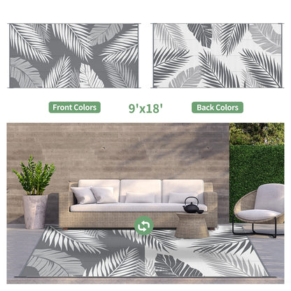 GENIMO Outdoor Rug 9' x 18' Waterproof for Patios Clearance, Reversible, Plastic Straw Camping Rug Carpet, Large Area Rugs Mats for RV, Picnic, Backyard, Deck, Balcony, Porch, Beach, Grey&White
