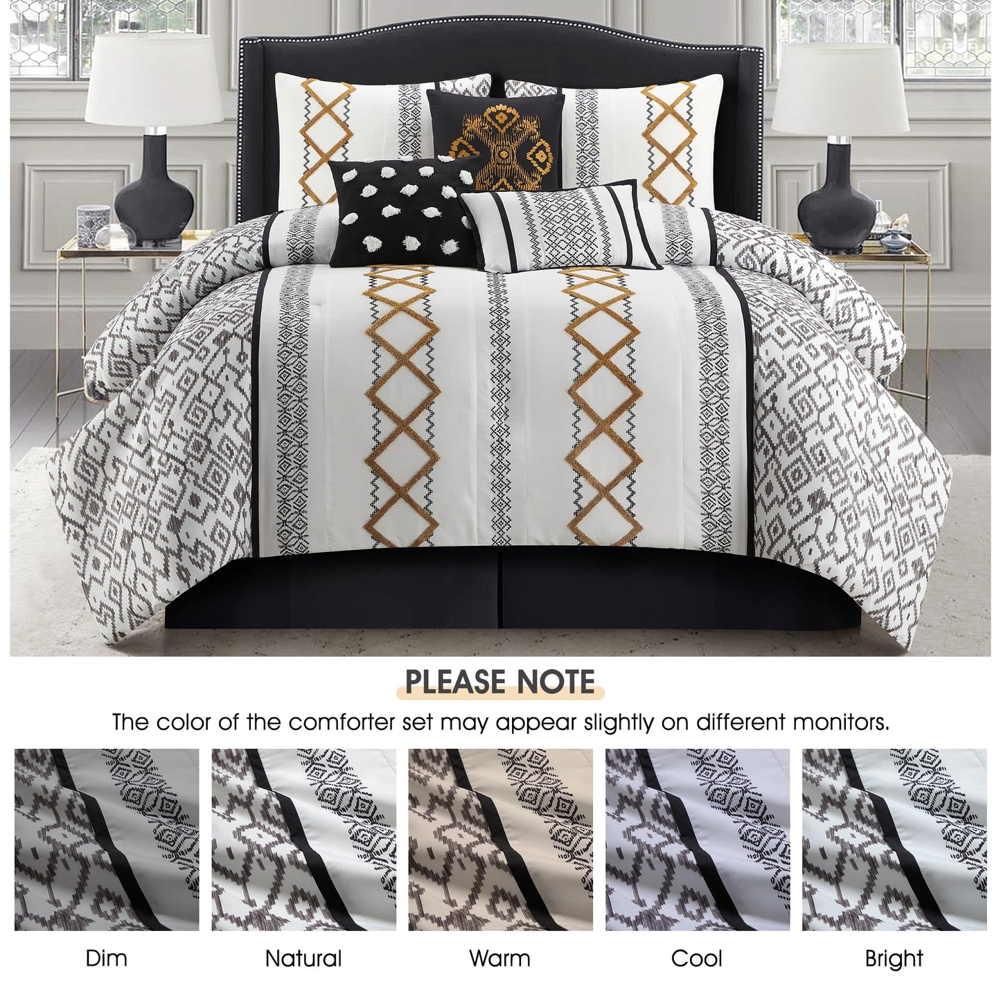 LANCO MODERN LIFESTYLE Black Gold Queen Comforter Set, 7 Pieces All Season Bedding Sets in a Bag with Geometric Terry Embroidered Comforter, Bed Skirt, Pillow Shams and Decorative Pillows