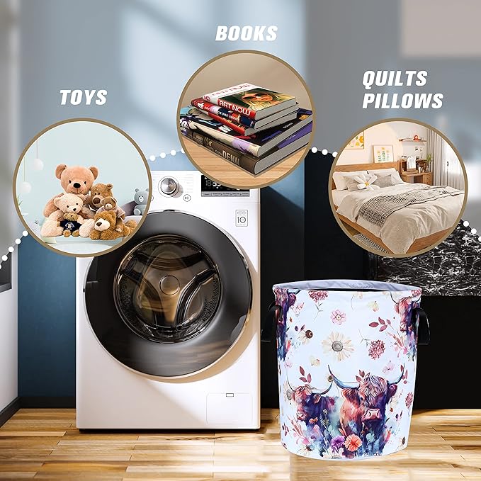 Highland Cow Laundry Basket Cow Animal Foldable Oxford Cloth Funny Tote Bag
