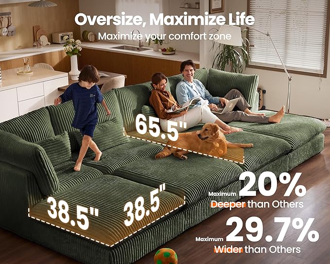 154" Oversized Corduroy Couch Modular Sectional Sofa, Washable Cloud Couch