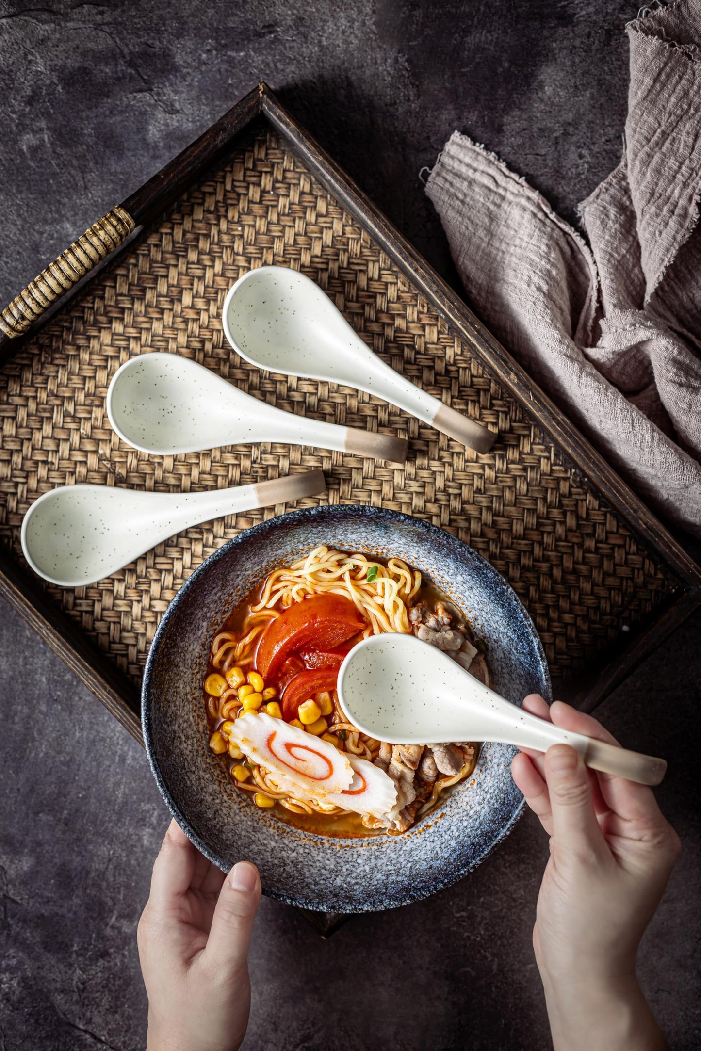 LYEOBOH 6 Pieces Asian Soup Spoons, Japanese Kitchen Soup Spoon Set, Dinner Tablespoons with Long Handle for Cereal, Ramen, Ice Cream, Dishwasher & Microwave Safe, Rustic Decor, White and Brown