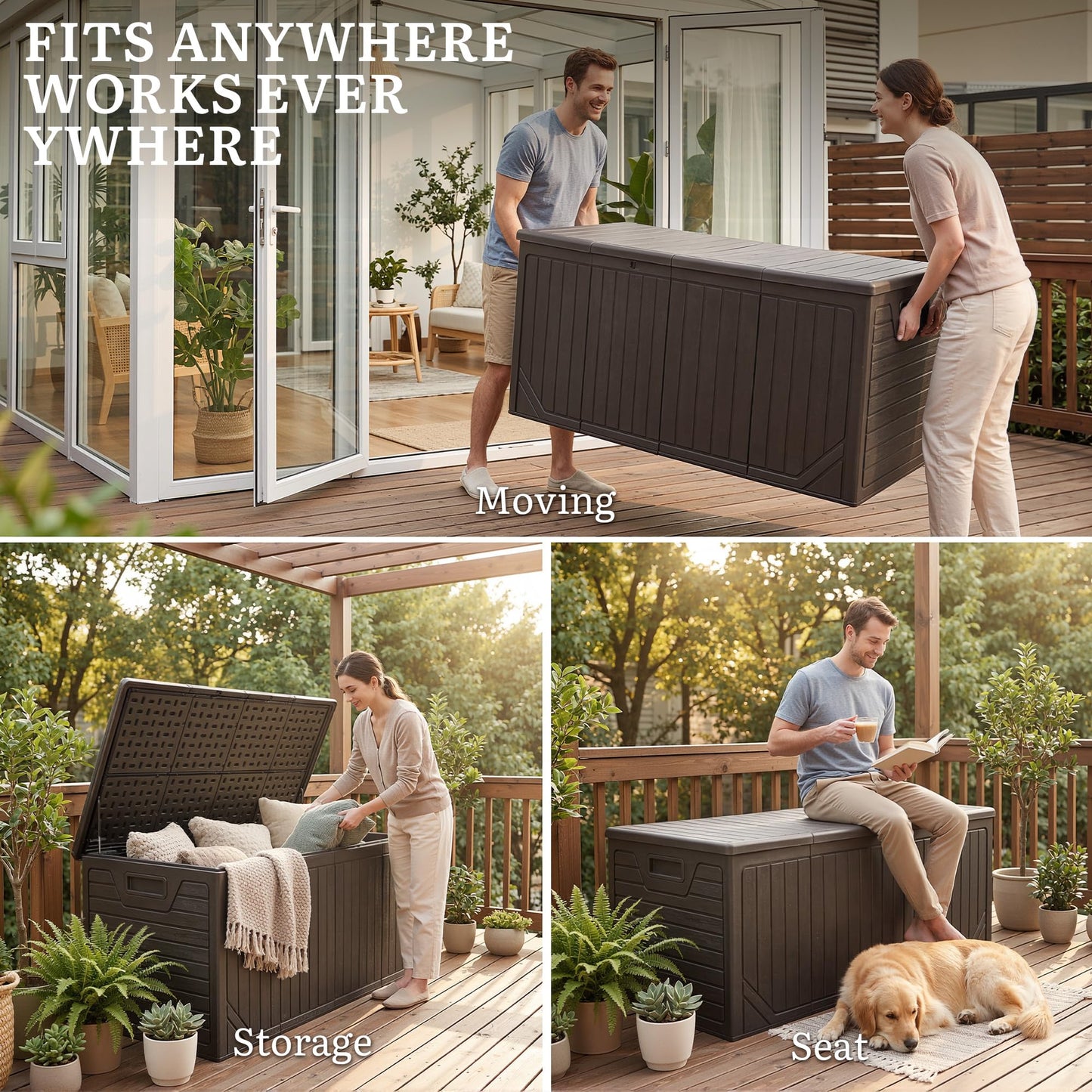 YITAHOME XXL 300 Gallon Extra Large Outdoor Deck Box, Lockable Resin Double-Wall Storage Box and Waterproof Patio Furniture Bin for Garden Tools & Pool Accessories, Brown