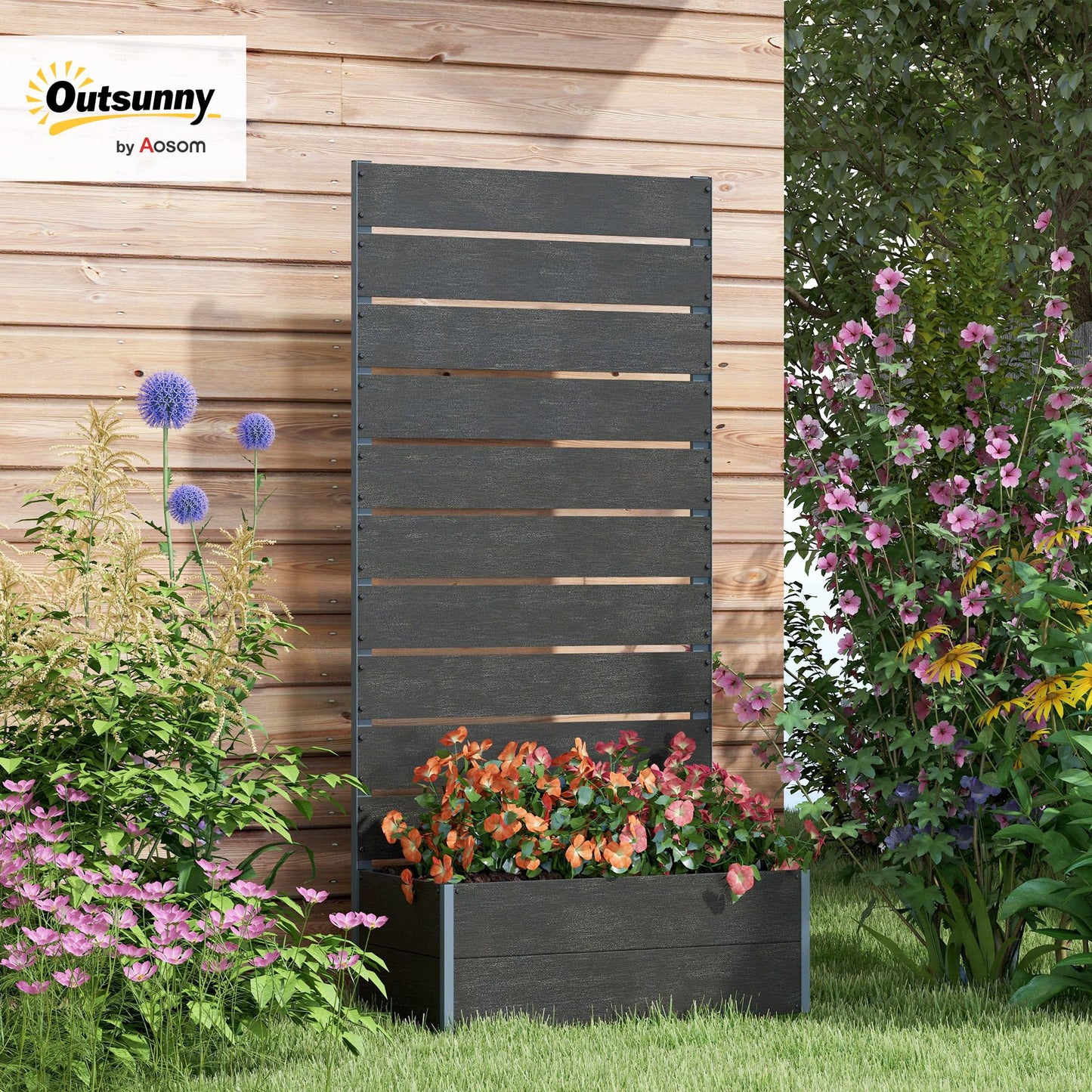 Outsunny Raised Garden Bed with Trellis for Climbing Plants, Planter Box with Self Draining Gap, Freestanding Trellis Planter for Outdoor, Patio, Deck, 28.25" x 15" x 59", Black