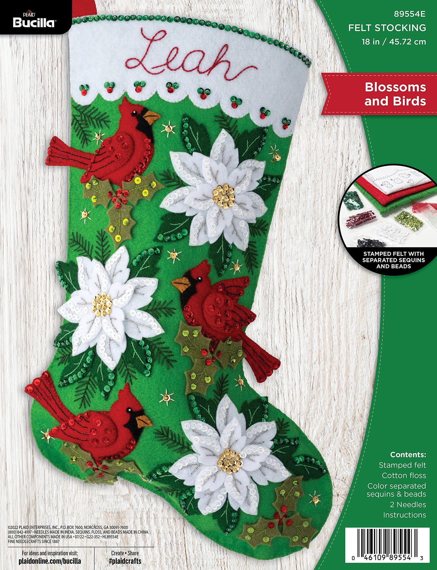 Bucilla Felt Applique 18" Stocking Making Kit, Blossoms and Birds, Perfect for DIY Arts and Crafts, 89554E
