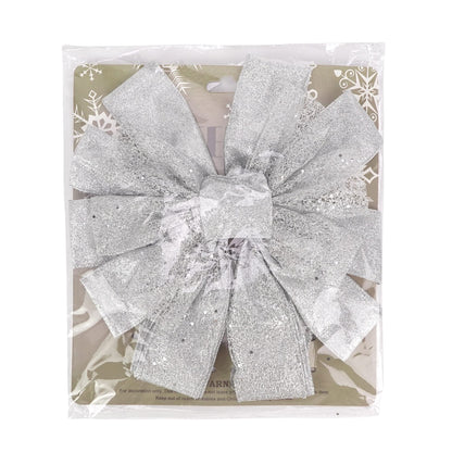 MEEDEE Silver Christmas Tree Topper Silver Glitter Christmas Bows 12" Wide Snowflake Ribbon Bow Silver Christmas Bows Silver Tree Topper Silver Bows for Christmas Tree (1 Pack)