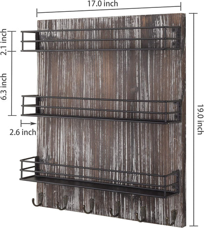 MyGift 3 Tier Black Metal Wire Kitchen Spice Rack Organizer with Torched Wood Wall Mount and 6 Hooks, Seasoning Jars and Hanging Cooking Utensil Rack