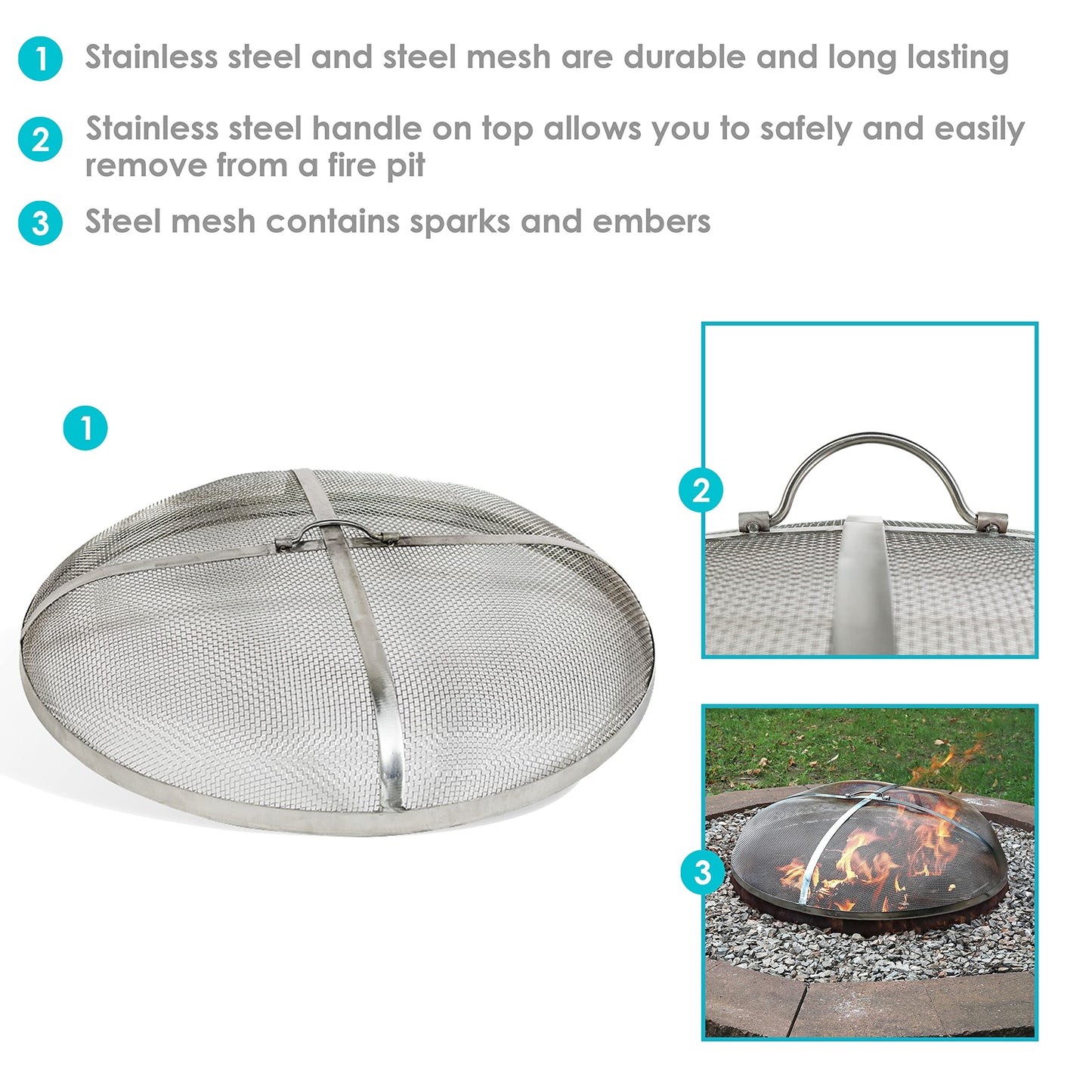 Sunnydaze Round Fire Pit Screen Cover - 30-Inch Stainless Steel Mesh Fire Pit Spark Screen - Spark Lid Top Cover with Handle