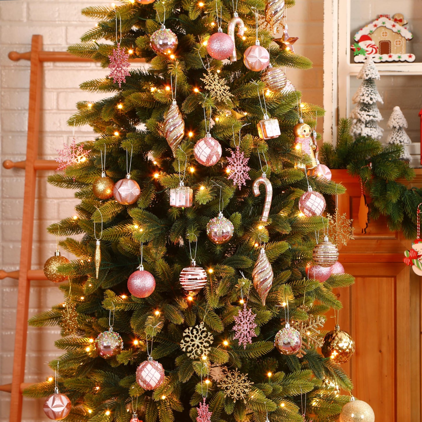 SHareconn 65pcs Christmas Tree Ornaments Set, Shatterproof Christmas Gingerbread Man Balls Bulk Gift Boxes, Hanging Plastic Decorative Baubles for Xmas Trees Decorations, Holiday Party, Pink Gold