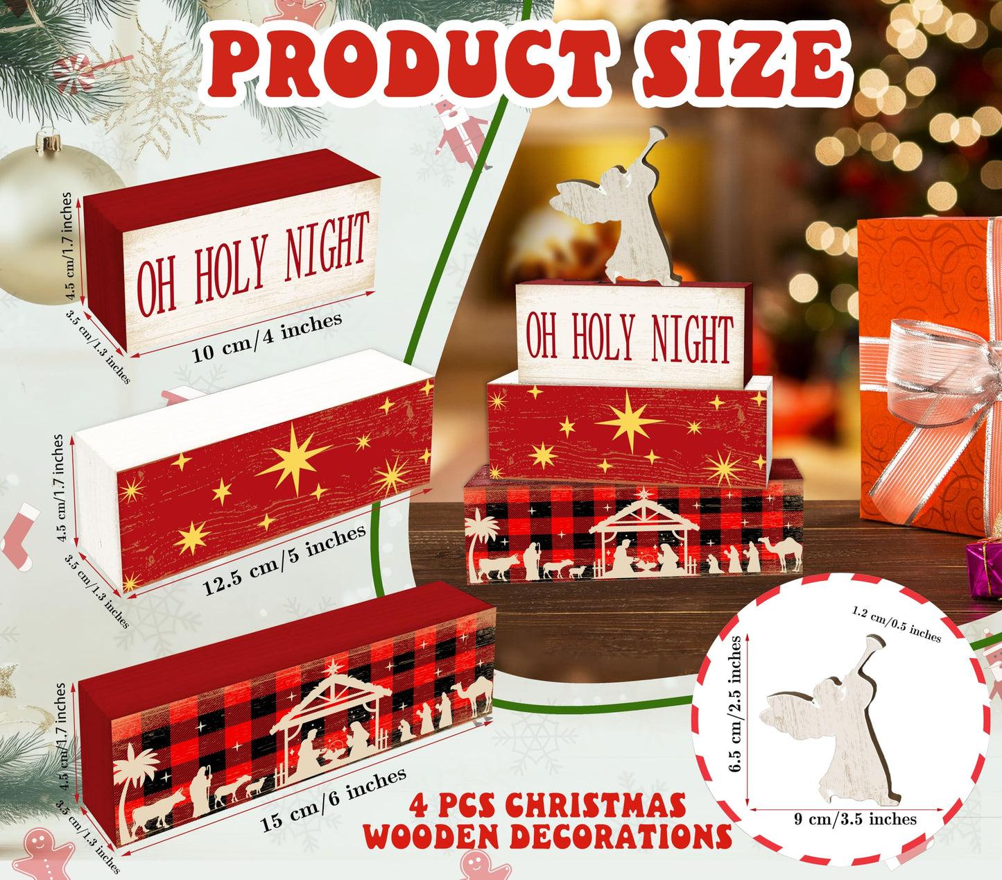 4 Pcs Angel Christmas Decor, Holy Night Table Decorations, Nativity Scene Christmas Tiered Tray Desk Decor Gifts, Wooden Christian Stack Block Signs Table Centerpiece For Farmhouse Office -A02
