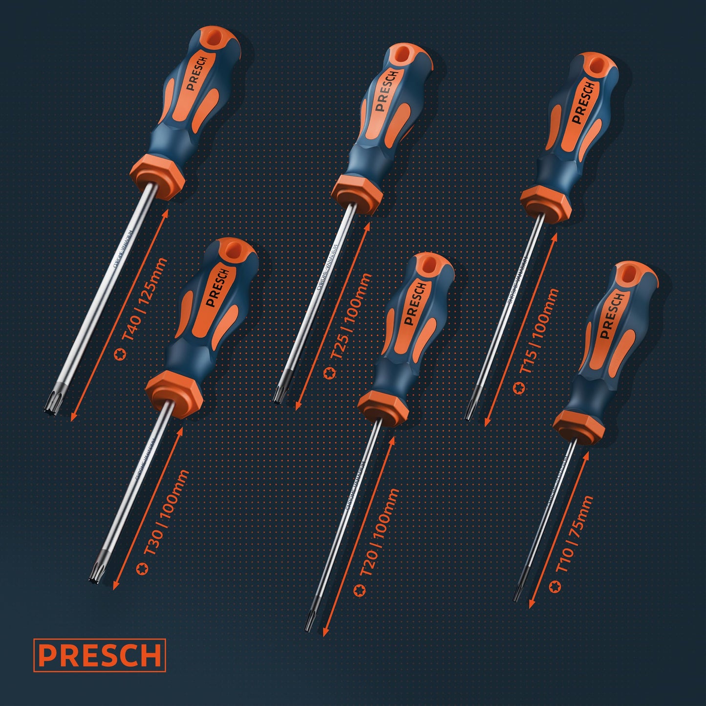 Presch TX Screwdriver Set 6 Pieces - Star Head/Magnetic Screwdriver Set - Professional Tool - T10 to T40 Screw Driver Kit
