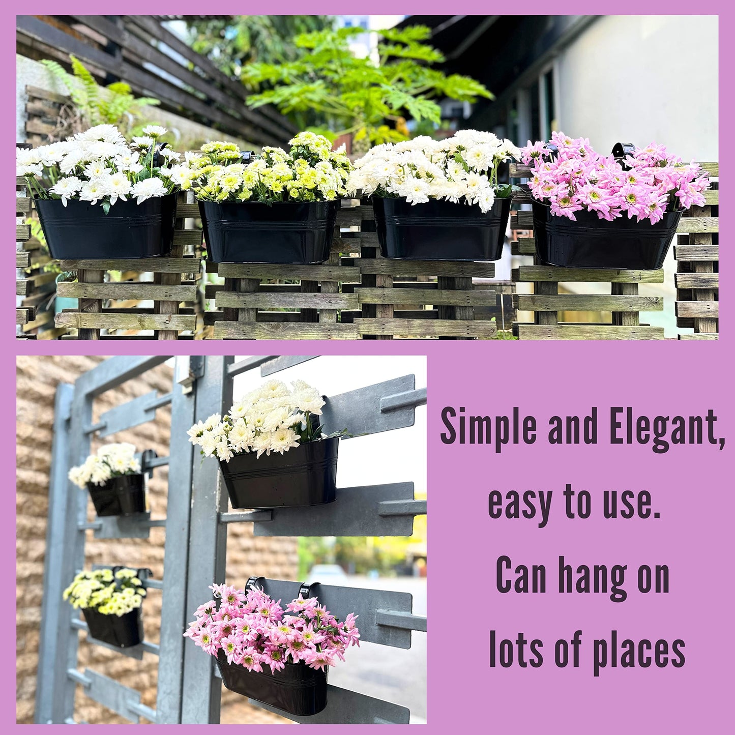 LaLaGreen Outdoor Plants Rail Planter Plants (6 Pack, 11.2 Inch) Black Metal Iron Hanging Flower Pots Deck Railings Fence Buckets Modern Style Wall Mount Window Box Plant Holder with Hooks Porch Decor