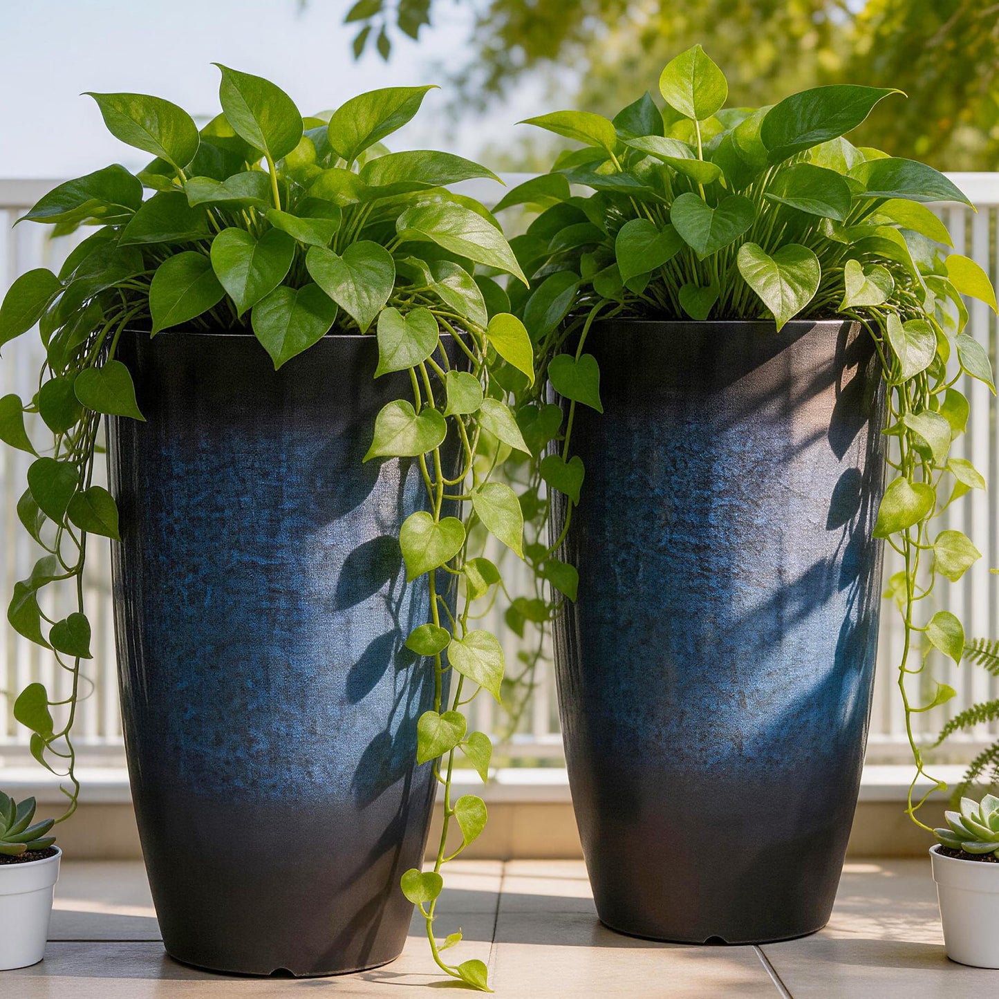 Autodaya 23.8" Large Tall Planters Set of 2 Plant Pot Plastic Flower Pots Outdoor Gradient Cobalt Blue Finish Front Porch Decor Pot Weather-Resistant & Lightweight for Garden, Patio, Deck, Indoor