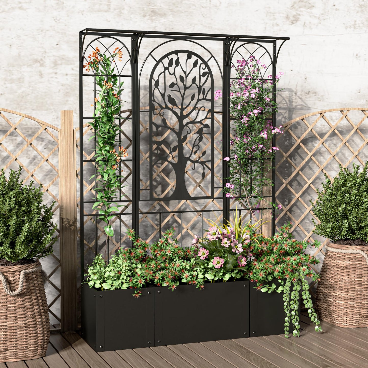 Athuiline Metal Planter Box with Trellis, Raised Garden Bed with Trellis Privacy Screen, 62 inch Tall Planter Boxes for Climbing Plants, Flowers, Vegetables, Fruits, Balcony and Patio Decor (Black)